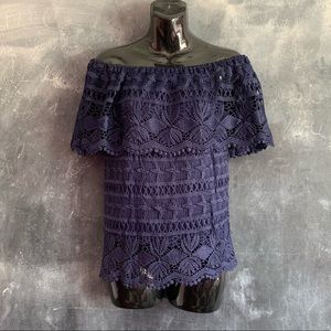 Abstract Embroidered Blue Off-the-Shoulder Top